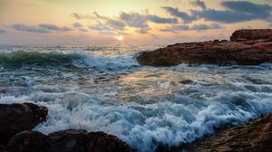 Preview wallpaper ocean, waves, sunset, coast, landscape