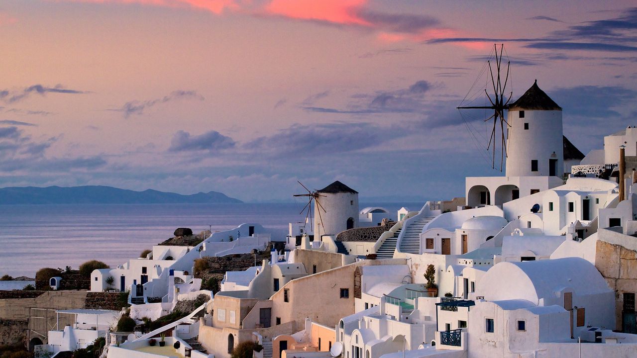 Wallpaper oia, greece, city, houses, sunset, ocean, water, sky, clouds