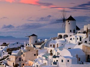 Preview wallpaper oia, greece, city, houses, sunset, ocean, water, sky, clouds