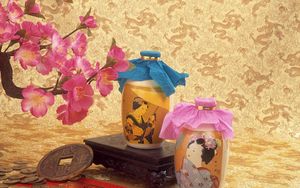 Preview wallpaper oil, bottles, coins, flowers, vase