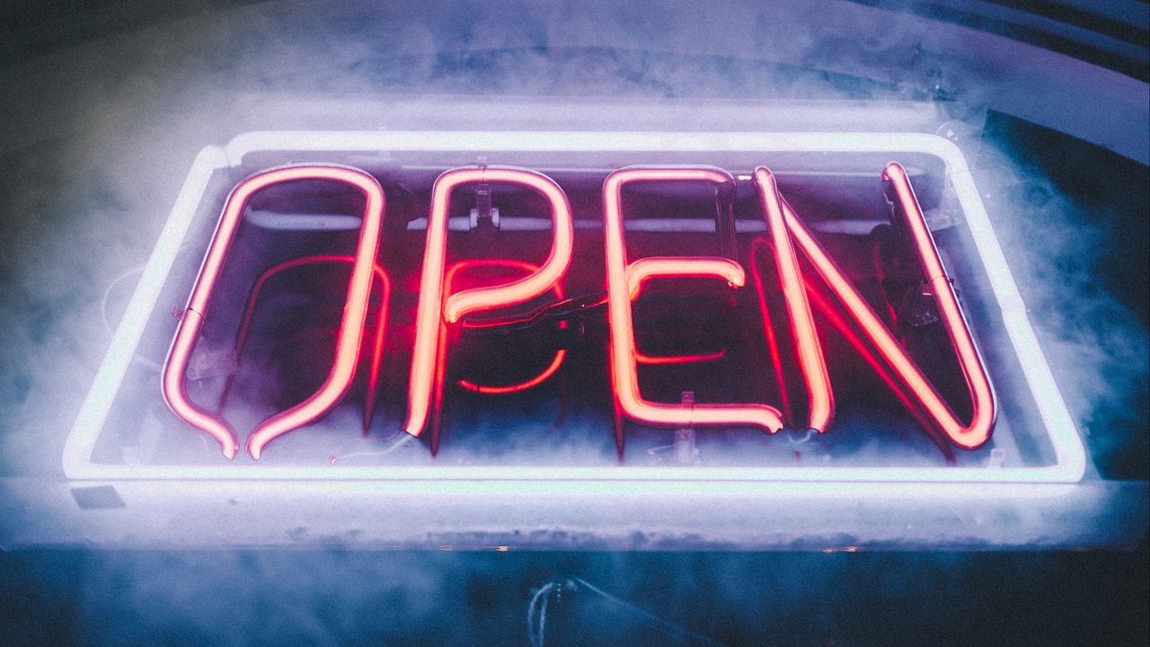 Wallpaper open, sign, neon, fog, light