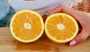 Preview wallpaper orange, fruit, citrus, slices, hand