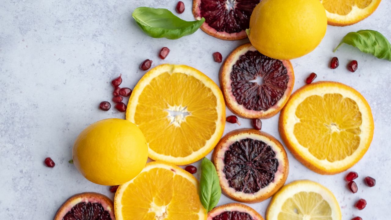 Wallpaper orange, lemon, slices, pomegranate, citrus, fruit