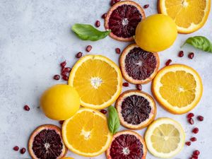 Preview wallpaper orange, lemon, slices, pomegranate, citrus, fruit