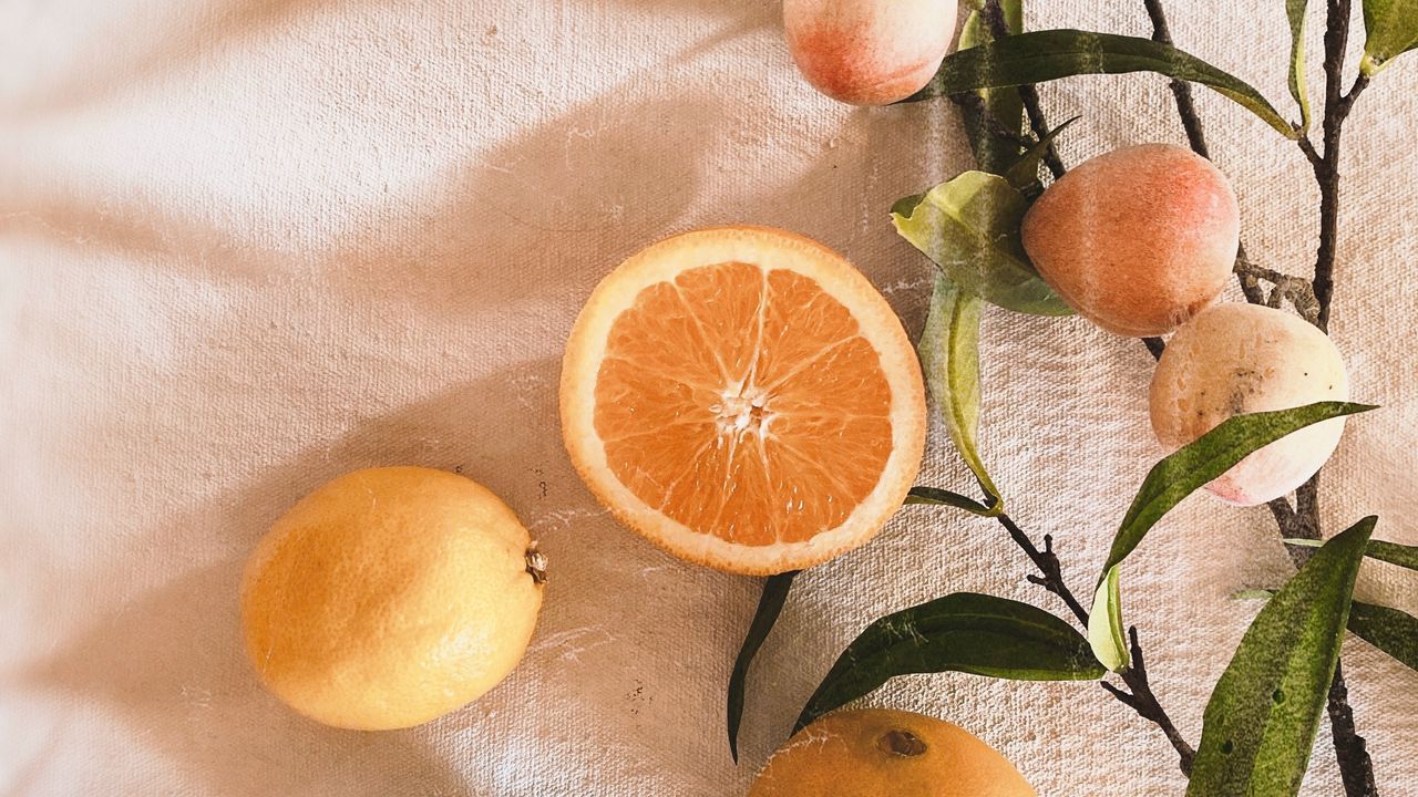 Wallpaper orange, peaches, fruits, leaves, fresh