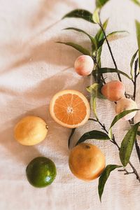 Preview wallpaper orange, peaches, fruits, leaves, fresh