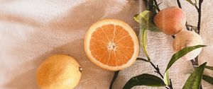 Preview wallpaper orange, peaches, fruits, leaves, fresh