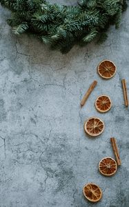 Preview wallpaper orange, slices, cinnamon, branches, spruce