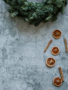 Preview wallpaper orange, slices, cinnamon, branches, spruce