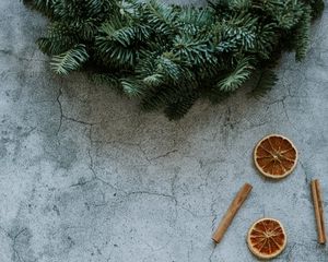 Preview wallpaper orange, slices, cinnamon, branches, spruce