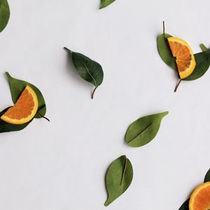 Preview wallpaper orange, slices, leaves, citrus