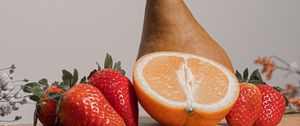 Preview wallpaper orange, strawberry, pear, fruit, still life