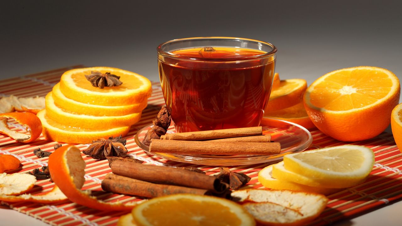 Wallpaper oranges, cinnamon, tea, cup