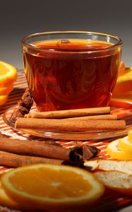 Preview wallpaper oranges, cinnamon, tea, cup