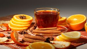 Preview wallpaper oranges, cinnamon, tea, cup