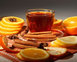 Preview wallpaper oranges, cinnamon, tea, cup