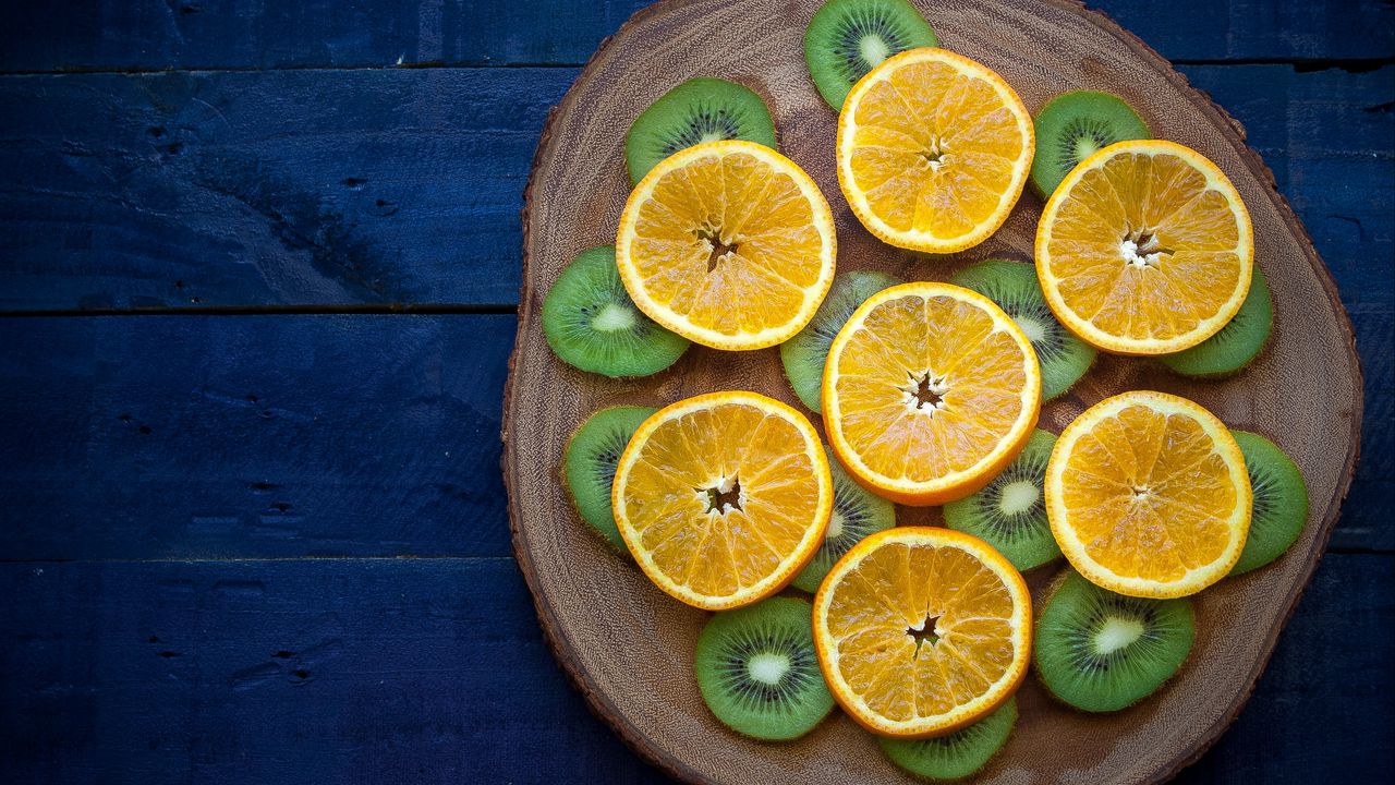 Wallpaper oranges, kiwi, cutting, cutting board