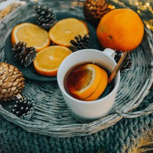 Preview wallpaper oranges, mug, comfort, new year, christmas