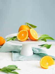 Preview wallpaper oranges, slices, leaves, fruit, citrus