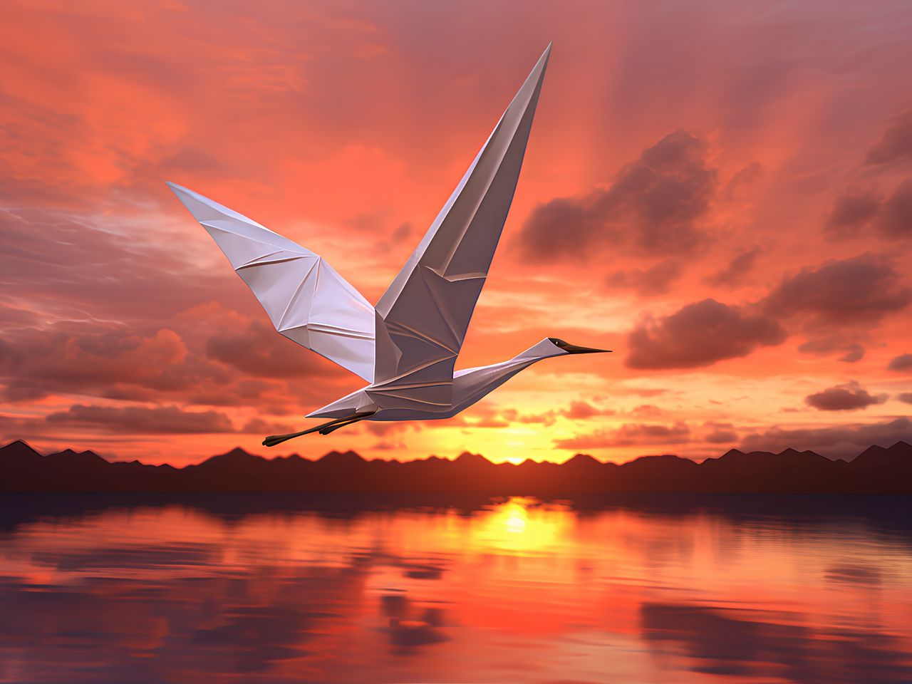 1280x960 Wallpaper origami, bird, sea, sunset