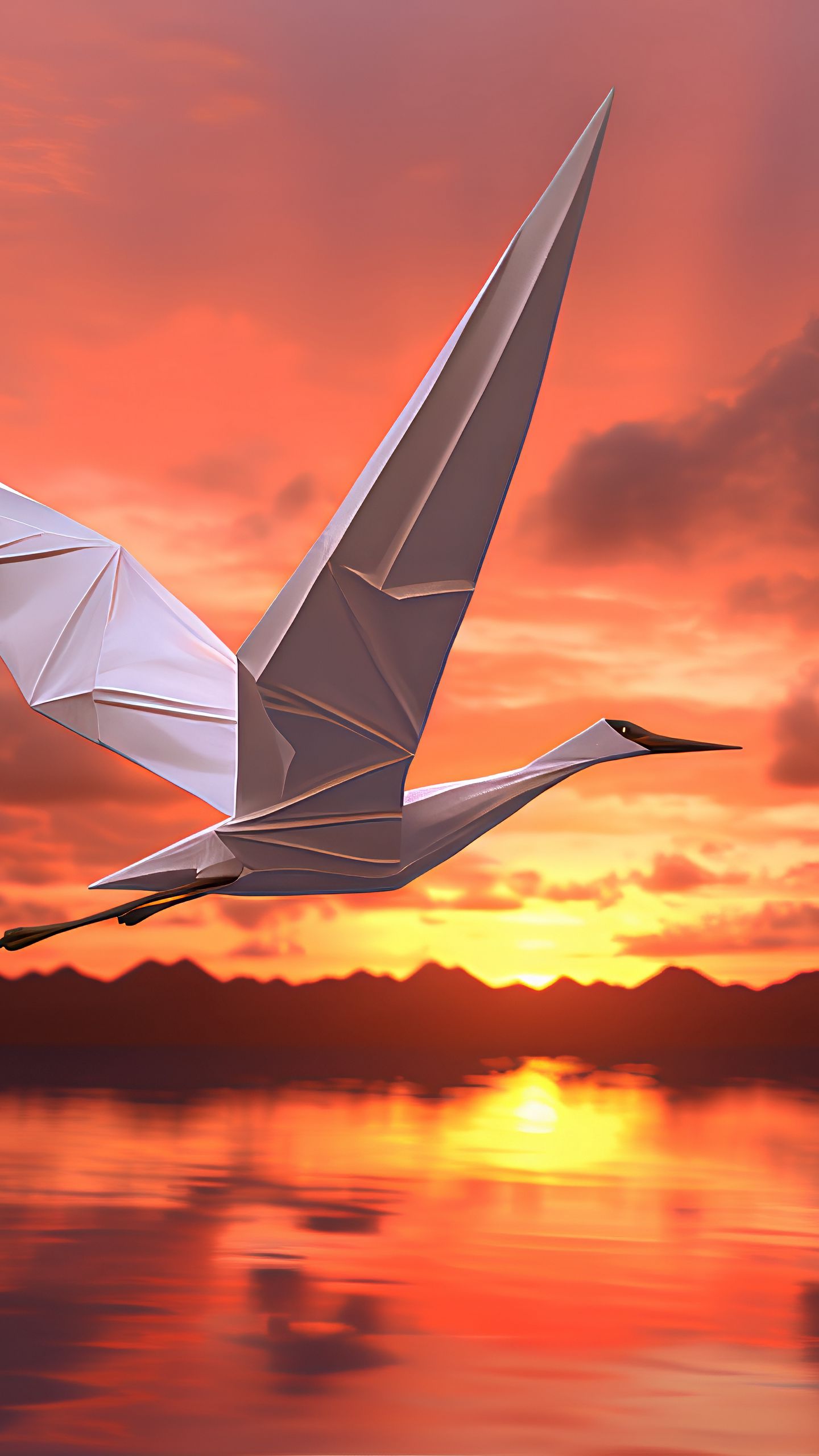 1440x2560 Wallpaper origami, bird, sea, sunset