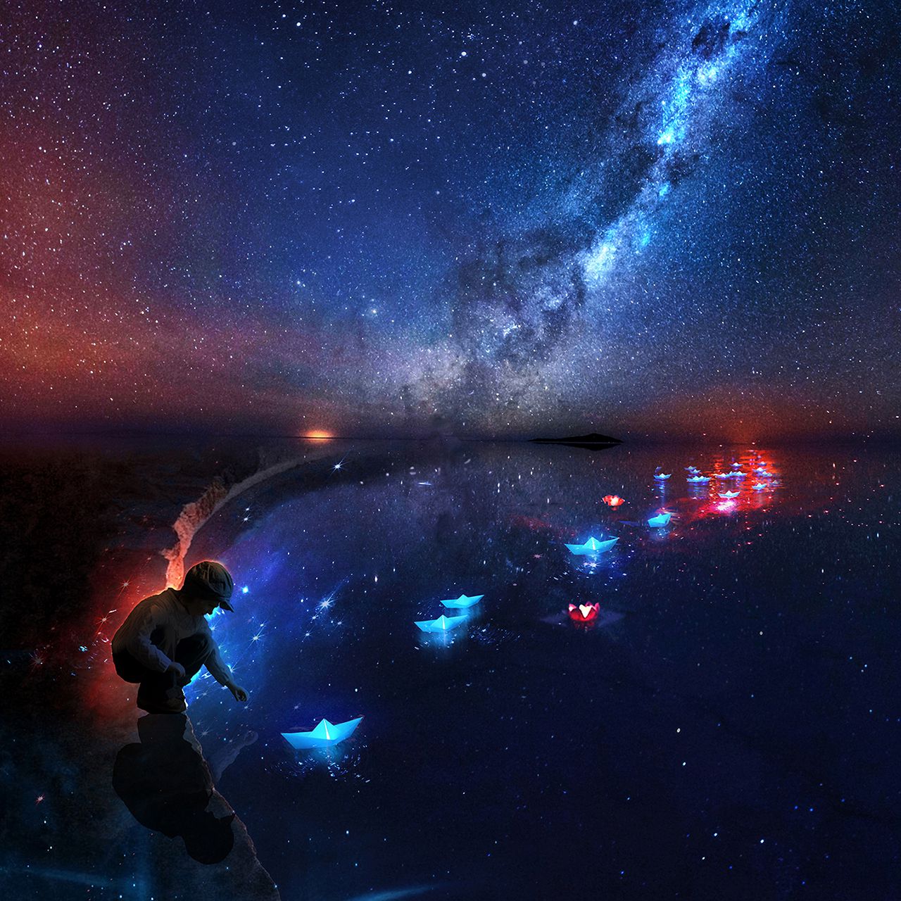 1280x1280 Wallpaper origami, ships, space, art, child