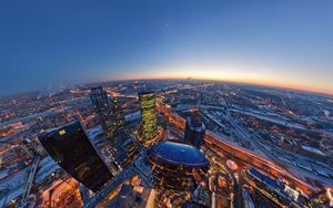 Preview wallpaper oscow city, evening, lights, moon, horizon