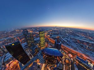 Preview wallpaper oscow city, evening, lights, moon, horizon