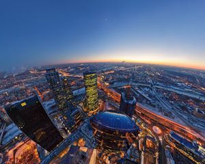 Preview wallpaper oscow city, evening, lights, moon, horizon