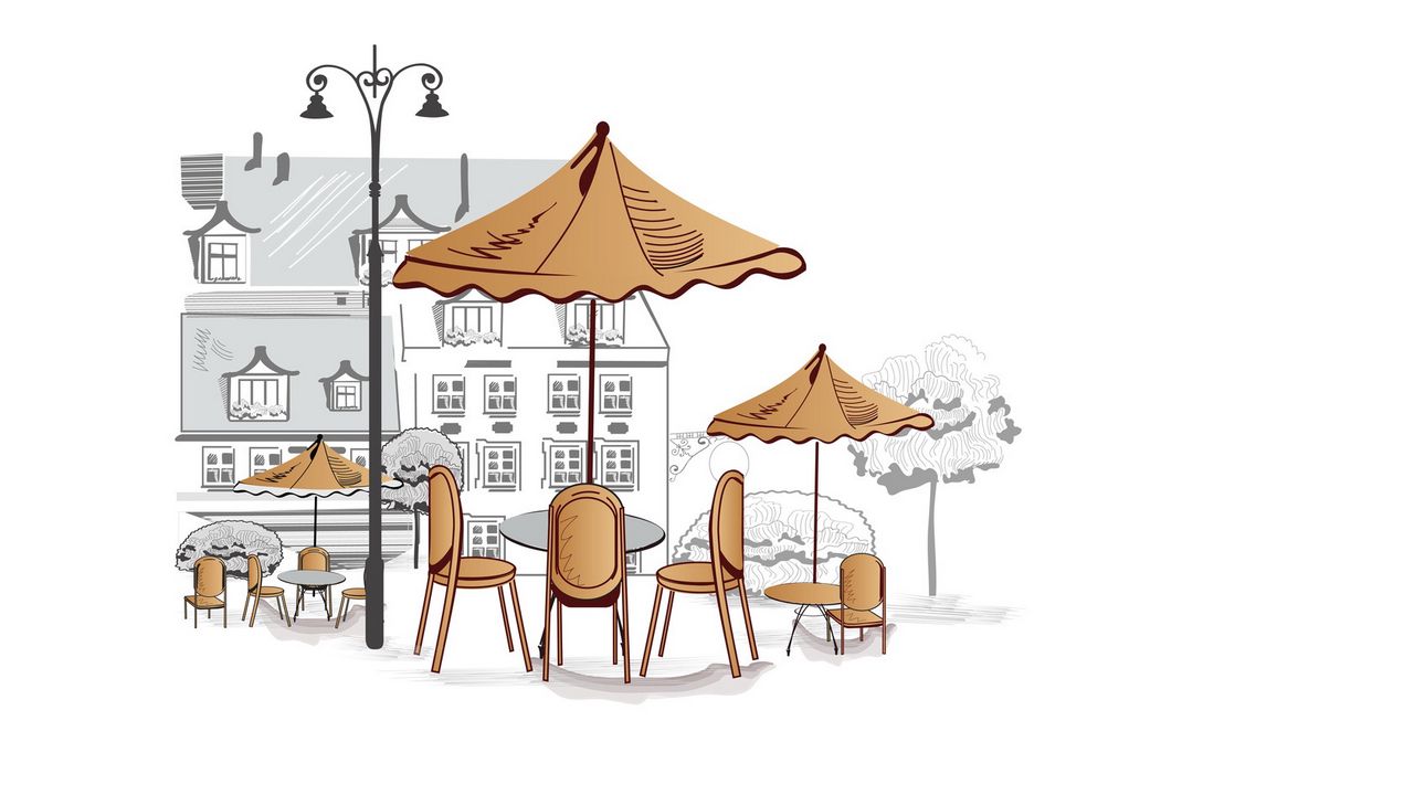 Wallpaper outdoor cafe, umbrellas, chairs, tables