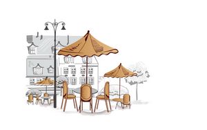 Preview wallpaper outdoor cafe, umbrellas, chairs, tables