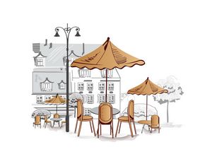 Preview wallpaper outdoor cafe, umbrellas, chairs, tables