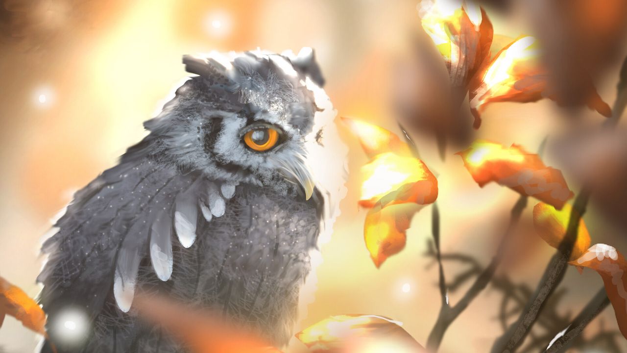 Wallpaper owl, bird, branch, art