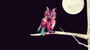 Preview wallpaper owl, branch, feathers, sitting, drawing