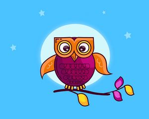 Preview wallpaper owl, branch, moon, stars, bird, art