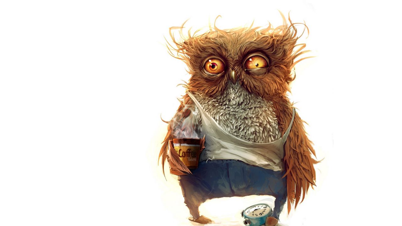 Wallpaper owl, coffee, alarm clock