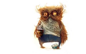Preview wallpaper owl, coffee, alarm clock