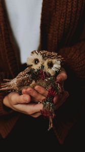 Preview wallpaper owl, toy, decoration, bird, hands