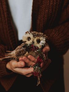 Preview wallpaper owl, toy, decoration, bird, hands