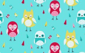 Preview wallpaper owls, art, vector, patterns, texture, colorful