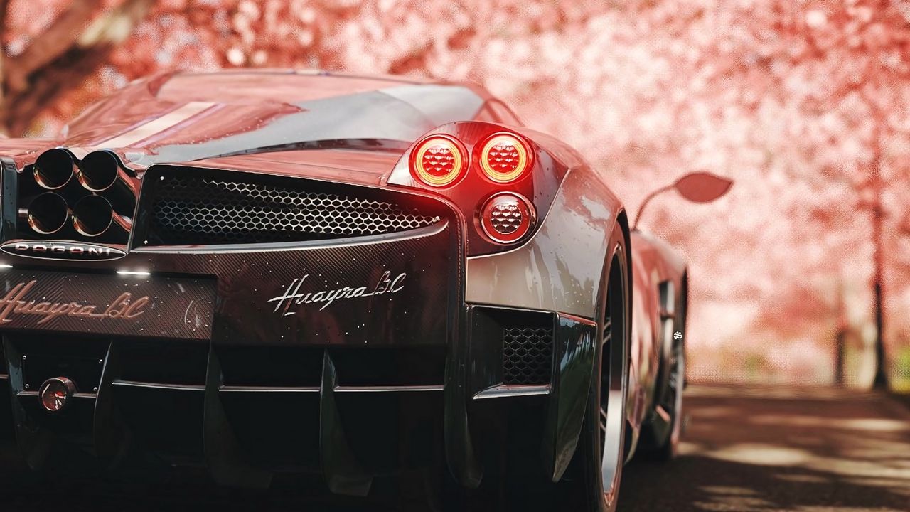 Wallpaper pagani huayra, pagani, sports car, supercar, sakura, rear view