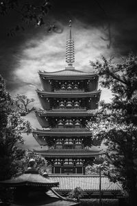 Preview wallpaper pagoda, antenna, black and white, trees, asia