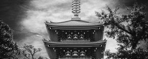 Preview wallpaper pagoda, antenna, black and white, trees, asia