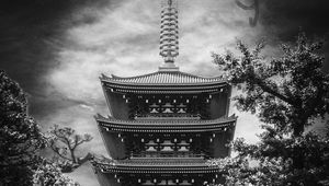 Preview wallpaper pagoda, antenna, black and white, trees, asia