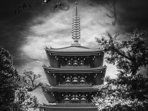 Preview wallpaper pagoda, antenna, black and white, trees, asia