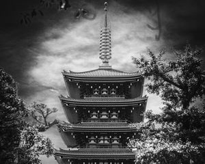 Preview wallpaper pagoda, antenna, black and white, trees, asia