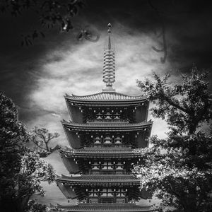Preview wallpaper pagoda, antenna, black and white, trees, asia