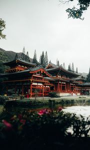 Preview wallpaper pagoda, architecture, lake, tree, flowers