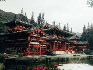 Preview wallpaper pagoda, architecture, lake, tree, flowers