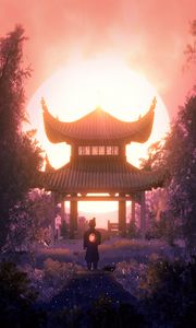 Preview wallpaper pagoda, architecture, samurai, light, twilight